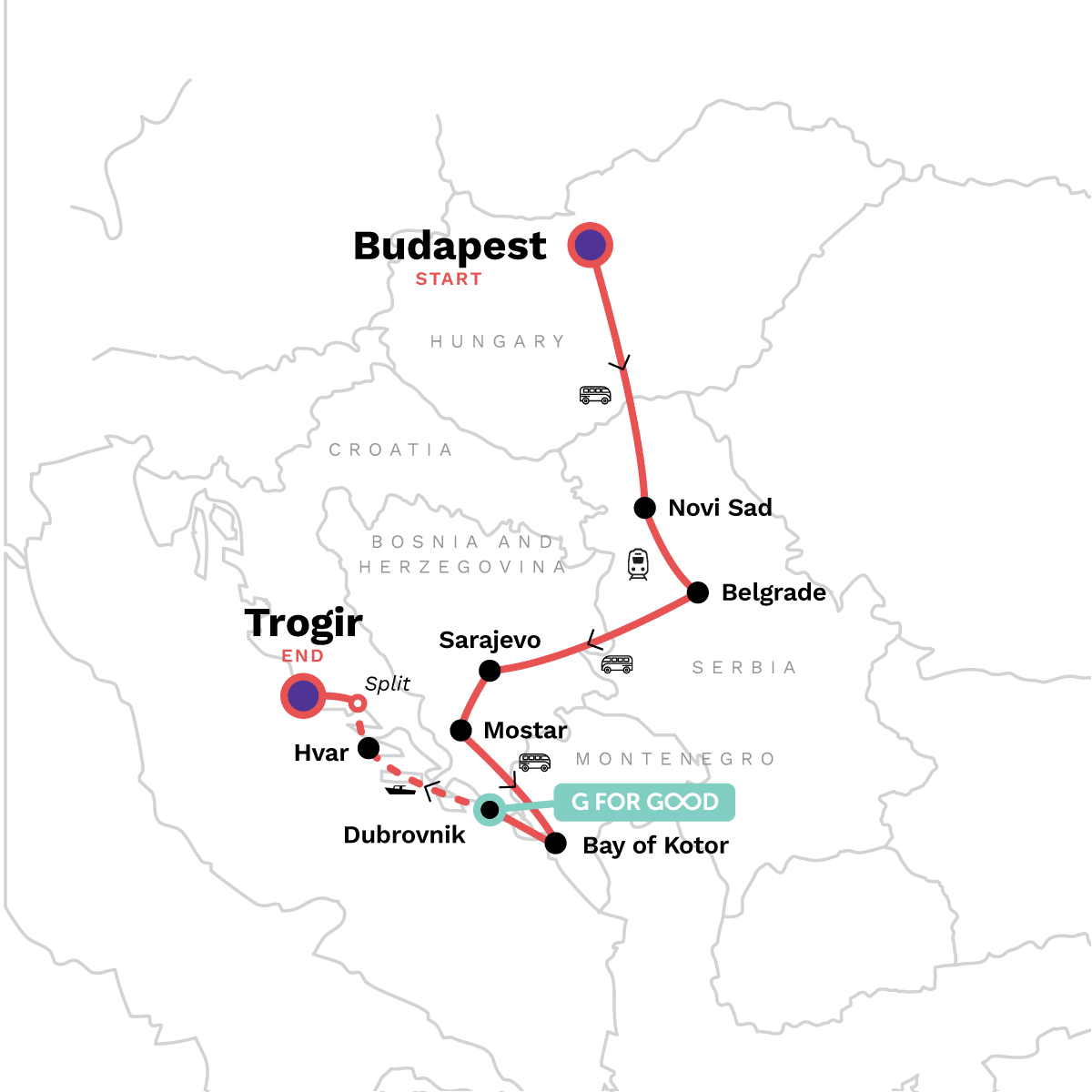 A map of the tour begins in Budapest and ends in Trogir, with stops along the way in Novi Sad, Belgrade, Sarajevo, Mostar, the Bay of Kotor, Dubrovnik, Hvar, and Split.