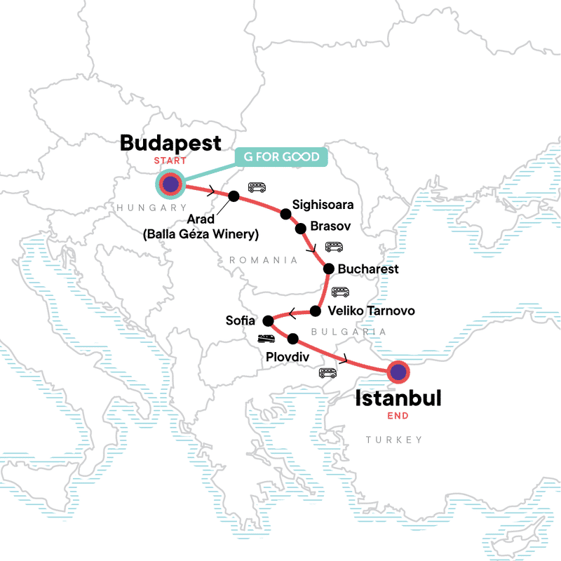 A map of the tour begins in Budapest, Hungary, where there is a 