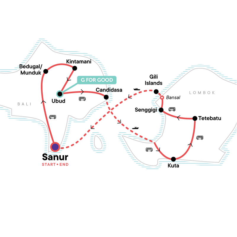 A map of the tour begins in Sanur on Bali. After traveling north by bus to Bedugal/Munduk and Kintamani, the group has a 