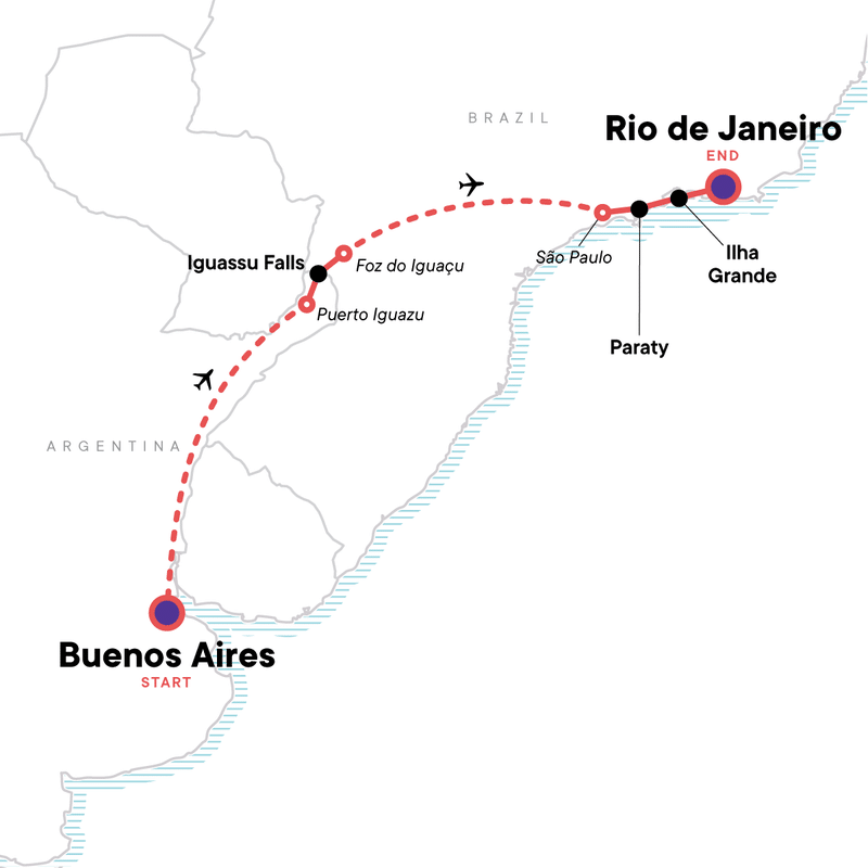 A map of the tour begins in Buenos Aires, with a flight from there to Puerto Iguazu (in Argentina) at Iguassu Falls. Then there is a flight from Foz do Iguaçu (in Brazil) to São Paulo. The tour continues to Paraty and Ilha Grande, before ending in Rio de Janeiro.