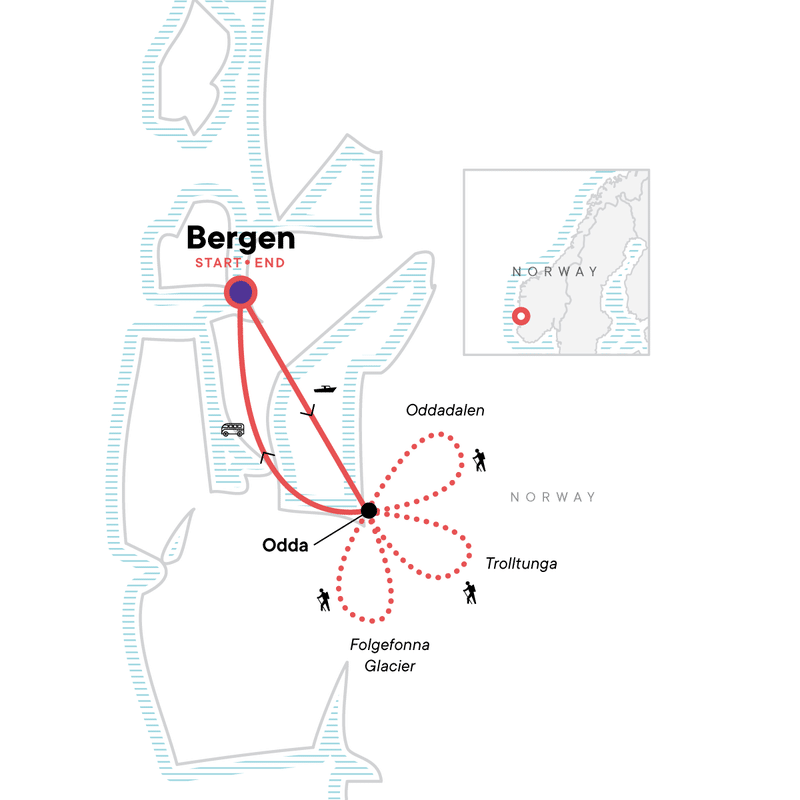 A map of the tour begins in Bergen, with hikes to the south from Odda: Oddadalen, Trolltunga, and Folgefonna Glacier.