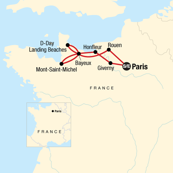 A map of the tour begins in Paris, with several stops in Normandy: Rouen, Bayeux, Mont-Saint-Michel, the D-Day landing beaches, Giverny, and Honfleur.