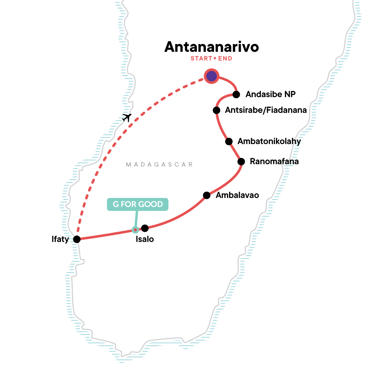 A map of the tour begins in Antananarivo and continues south to the following destinations: Andasibe National Park, Antsirabe/Fiadanana, Ambatonikolahy, Ranomafana, Ambalavao, Isalo, and Ifaty. The map then shows a flight back to Antananarivo from Ifaty.
