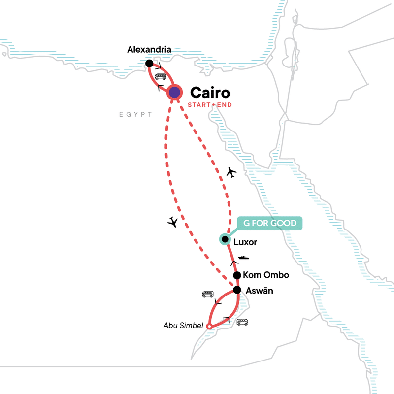 A map of the tour begins in Cairo. It then continues South to Aswan by plane. There is an excursion to Abu Simbel by van, then a journey to Luxor by Nile riverboat, with a stop in Kom Ombo en route. Then return to Cairo by plane, travel to Alexandria and back by private vehicle, and end the tour in Cairo.