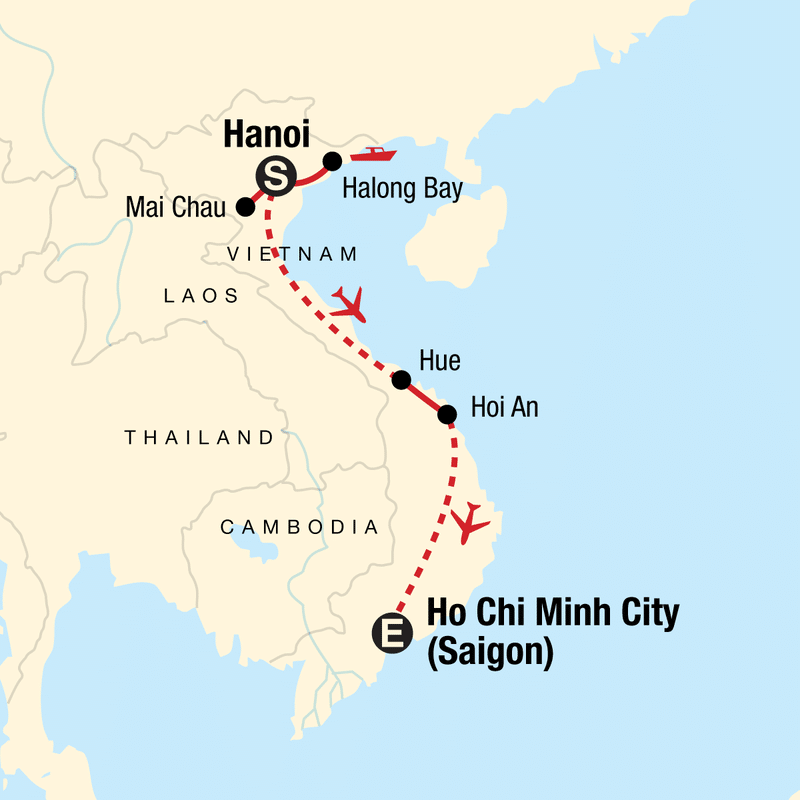 A map of the tour begins in Hanoi, with excursions to Halong Bay (by boat) and Mai Chau. The route then continues by plane to Hue, then overland to Hoi An. There is then one final flight to Ho Chi Minh City. The map does not show an optional extension to Siem Reap and Angkor Wat in Cambodia.