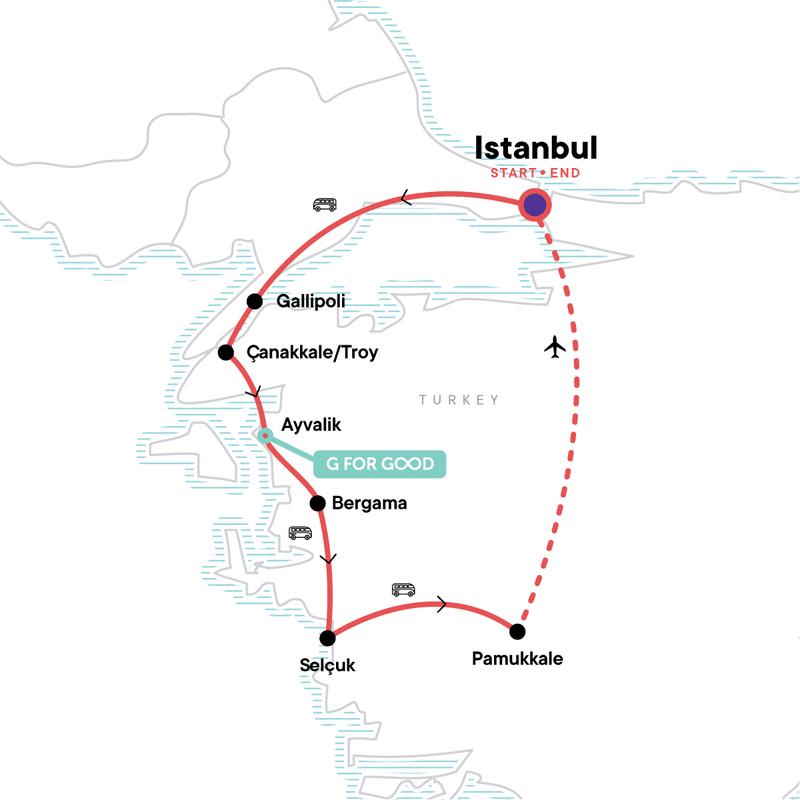 A map of the tour begins in Istanbul and then departs for Gallipoli and Çanakkale/Troy on the Dardanelles Strait. The tour continues from there to Ayvalik, then Bergama, then Selçuk, and finally Pamukkale. A little van icon indicates that all of this travel will take place in a private 15-passenger vehicle. the tour ends with a flight from Pamukkale back to Istanbul, indicated by a dotted line and image of an airplane.