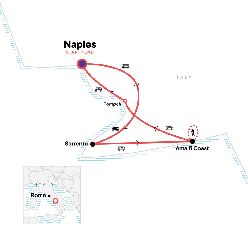 A map of the tour shows Naples as the start and end point. A line with arrows shows travel from Naples to Sorrento by bus and train. The route continues to the Amalfi Coast, where a dotted line and image of a hiker references hiking that will occur along the coast. The route continues back to Naples, stopping in Pompeii along the way.