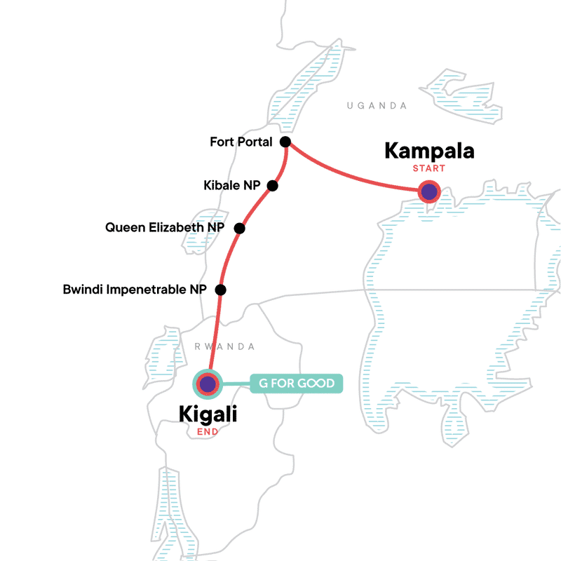 Map of the route for Uganda to Rwanda: Gorilla Treks and Safari Drives