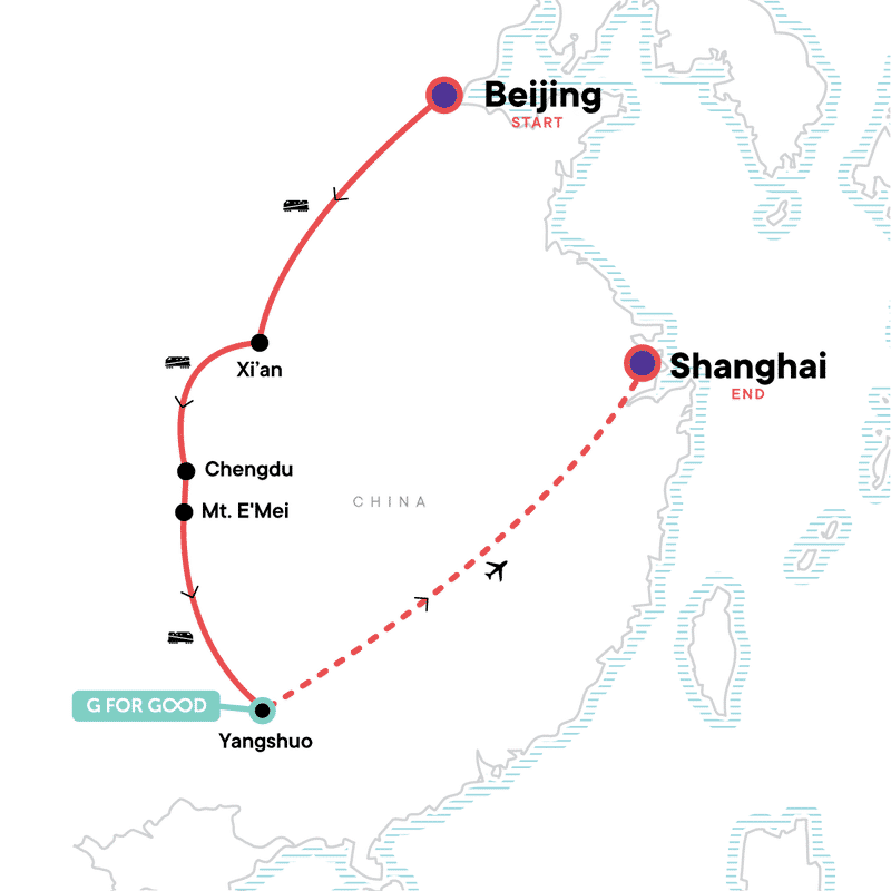 A map of the tour starts in Beijing, then travels by train to Xi'an, then Chengdu and Mt. E'Mei, and then Yangshuo, where the group has a 