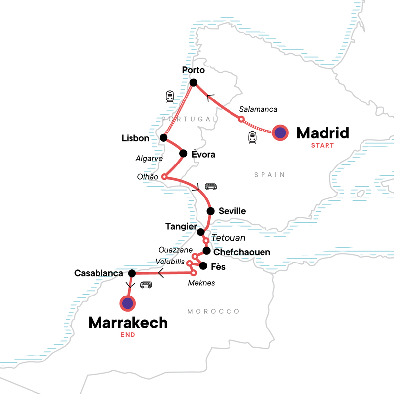A map of the tour begins in Madrid. A train to Porto stops in Salamanca. The tour continues in Lisbon, Évora, and Othão in Portugal, before returning to Sevilla in Spain. The tour then crosses into Morocco at Tangier, continuing with stops in Tetouan, Chefchaouen, Ouazzane, Fès, Volubilis, Meknes, Casablanca, and Marrakech.